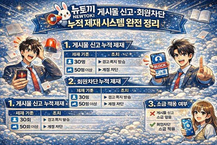 뉴토끼 게시물 신고 및 회원차단 누적 제재 시스템 안내