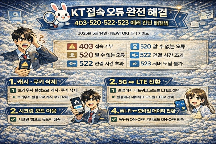 KT 뉴토끼 접속 오류 403·520·522·523 에러 해결 가이드
